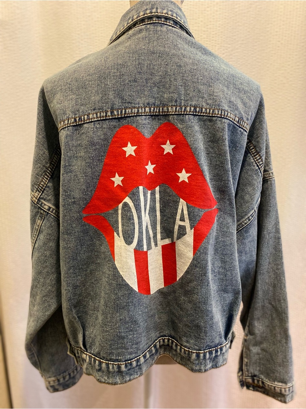 Rivalry Embroidered Lip Patch Denim Jacket - Red, White, Blue